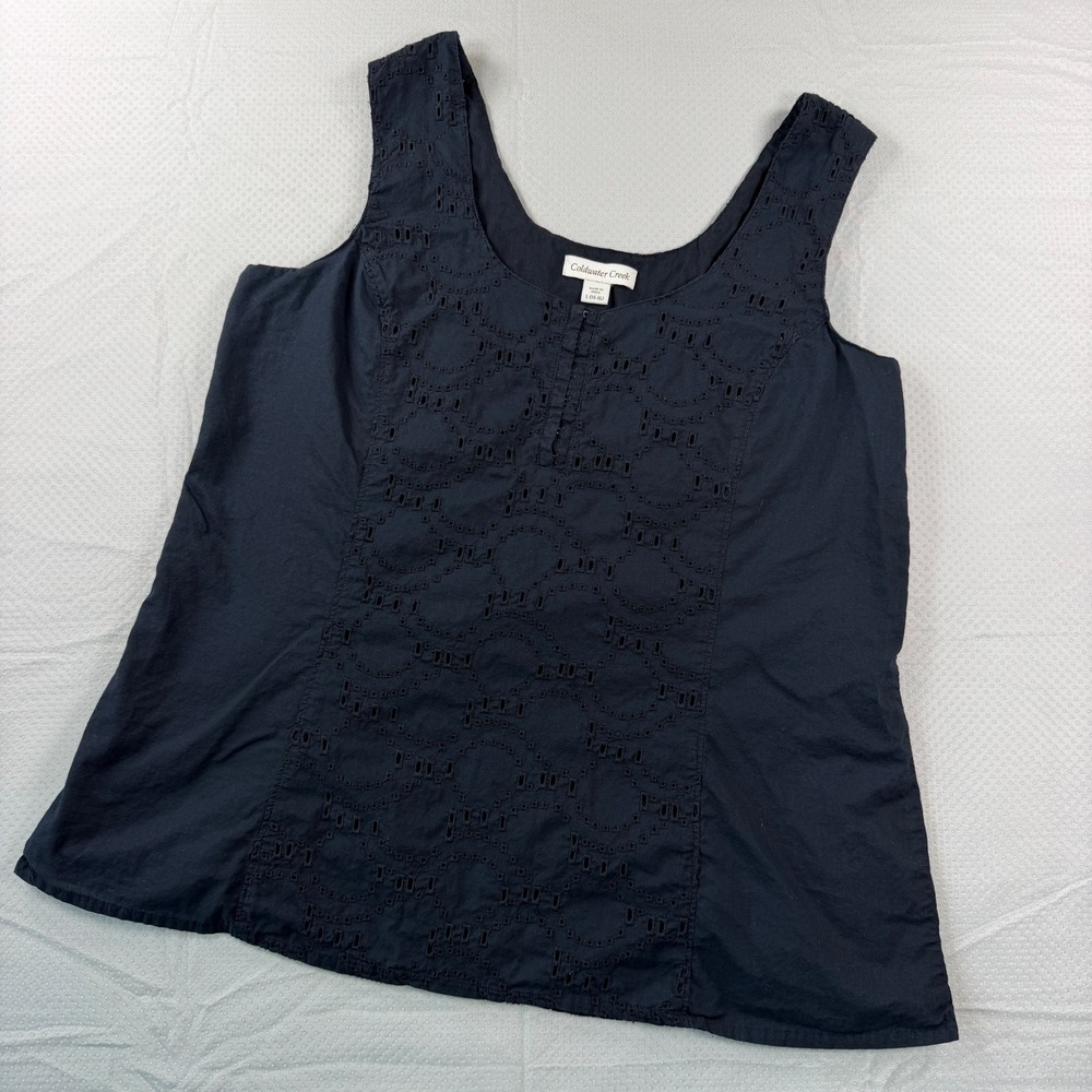 Coldwater Creek Womens Large Black Eyelet Tank Top Scoop Neck Lined Cotton Cami